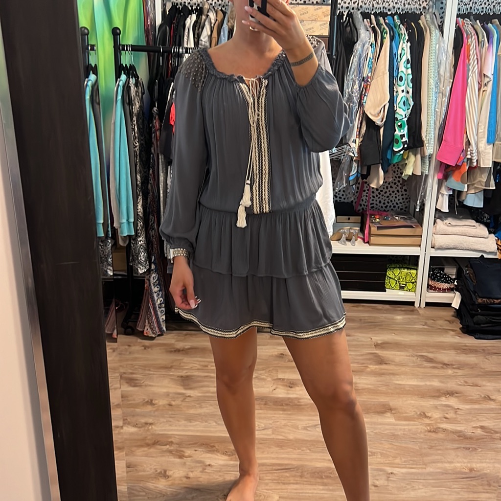 Vintage Havana Grommet Stud Tassel Long Sleeve Boho Dress